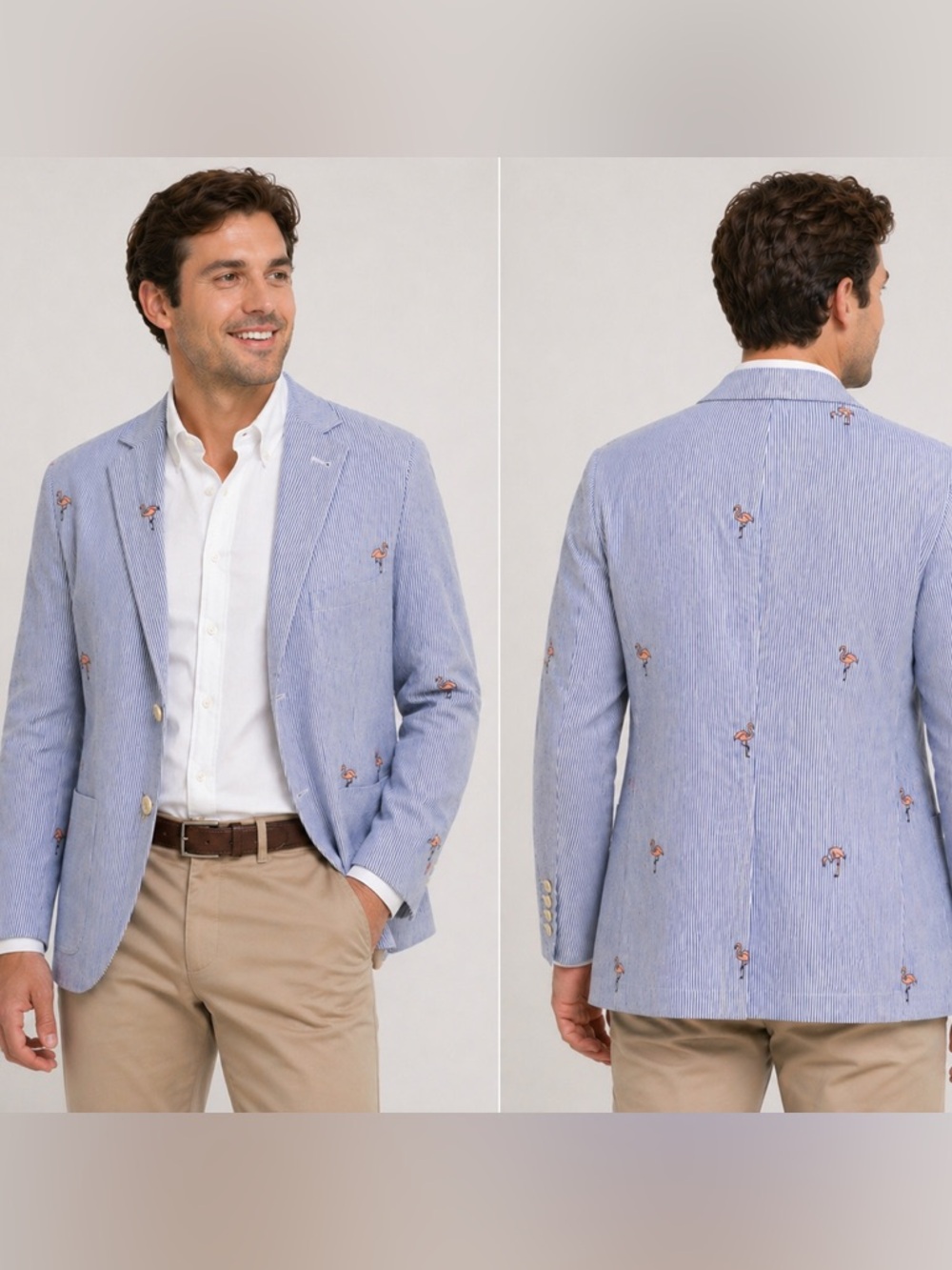 NEW Brooks Brothers Seersucker Blazer Flamingo Embroidered Blue Striped Mens S